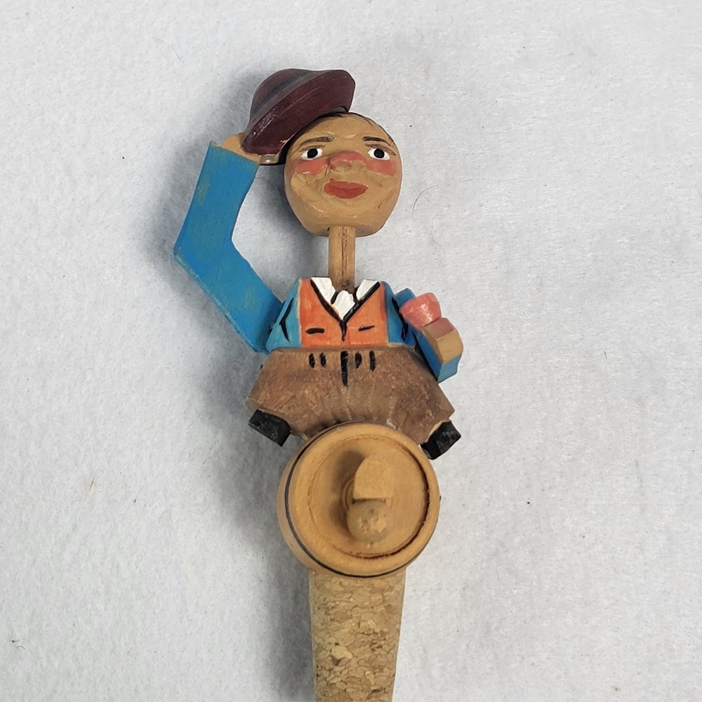 Anri‎ Hand Carved Wooden Mechanical Bottle Stopper Man Tipping Hat MCM Man Cave